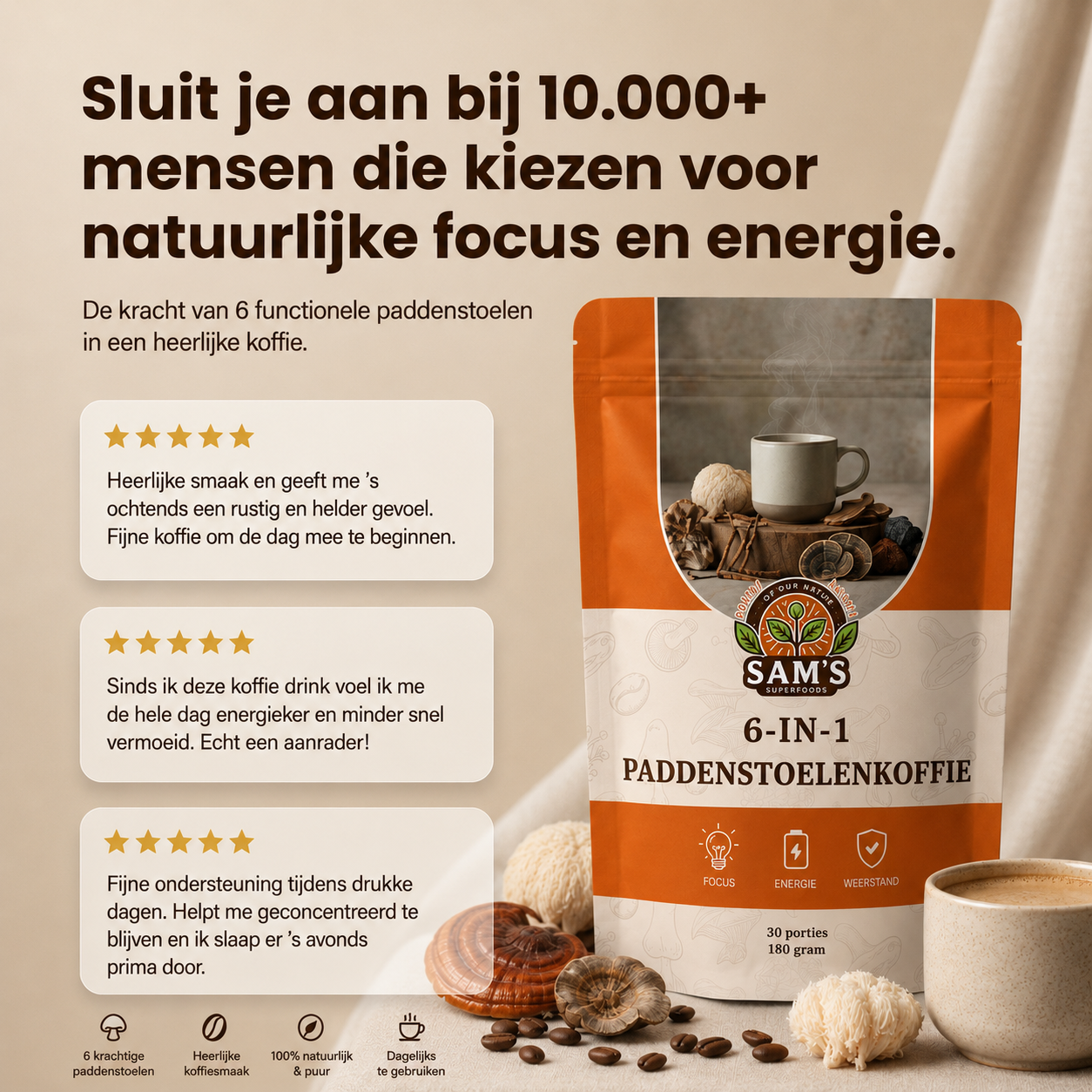 6 in 1 Paddenstoelen Koffie – Mushroom Coffee met Lion’s Mane & Reishi